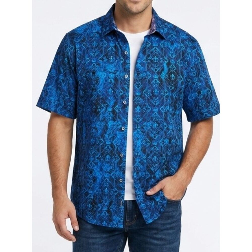 Robert Graham Blue Skull Crown Fleur-de-Lis Gothic Cotton Shirt 1XL